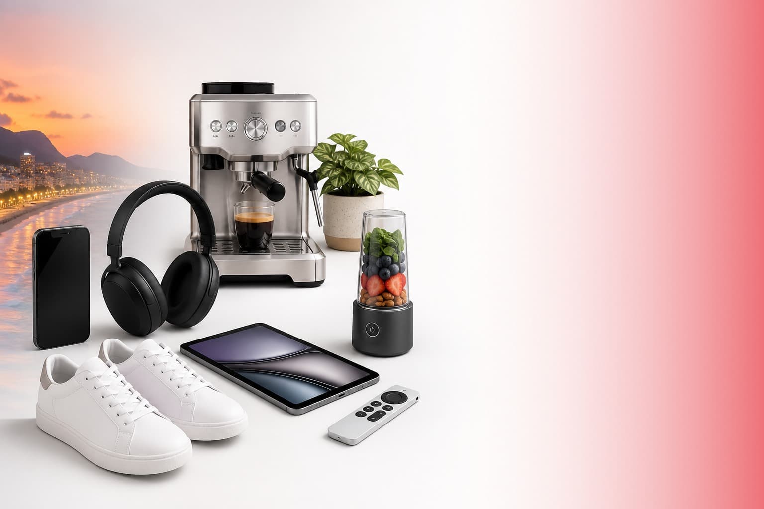 Celular, fone, cafeteira e outros produtos em cena de compra com Mumbuca